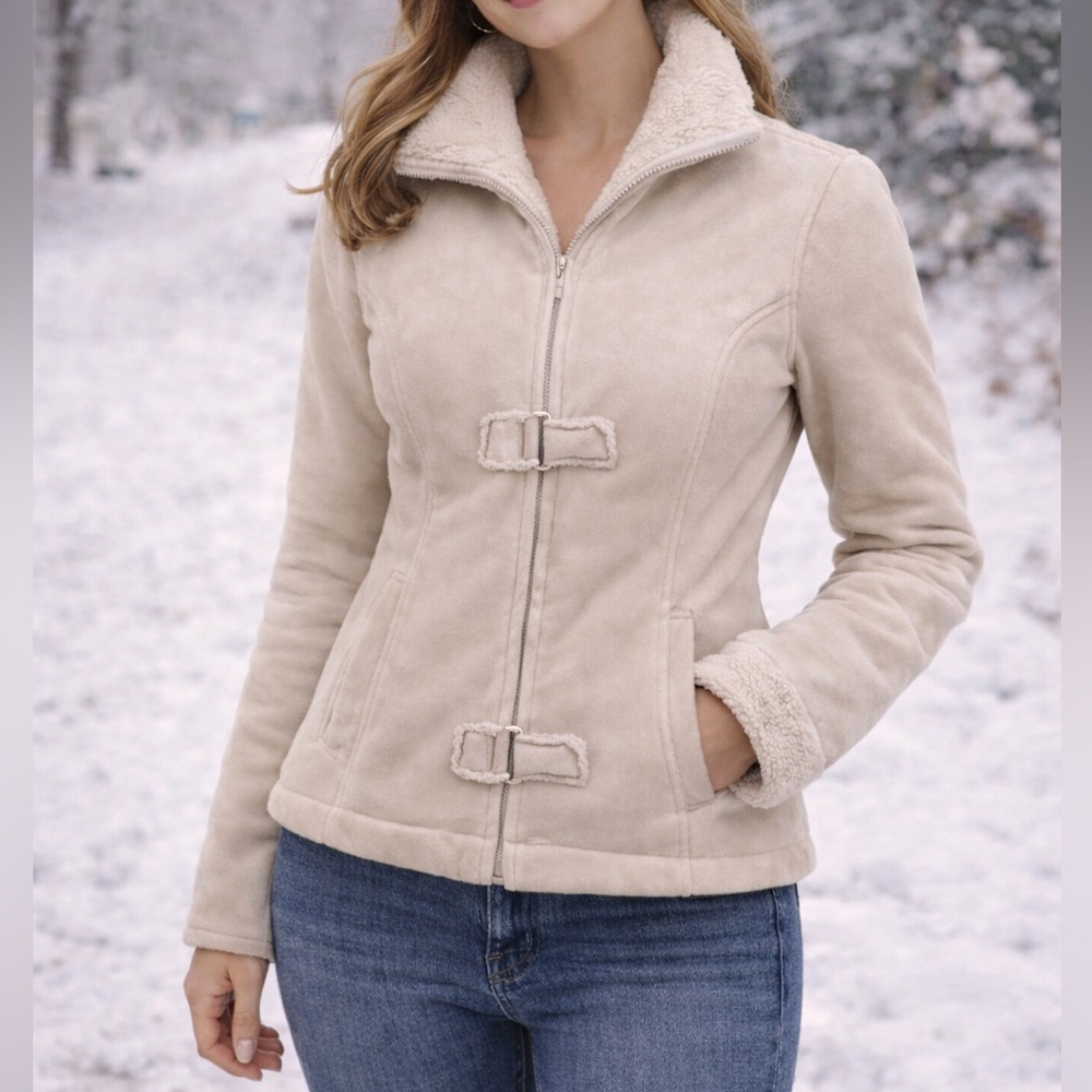 Straight Down Ultra Suede Cream Winter Jacket | Fleece Lined Buckle Coat | L